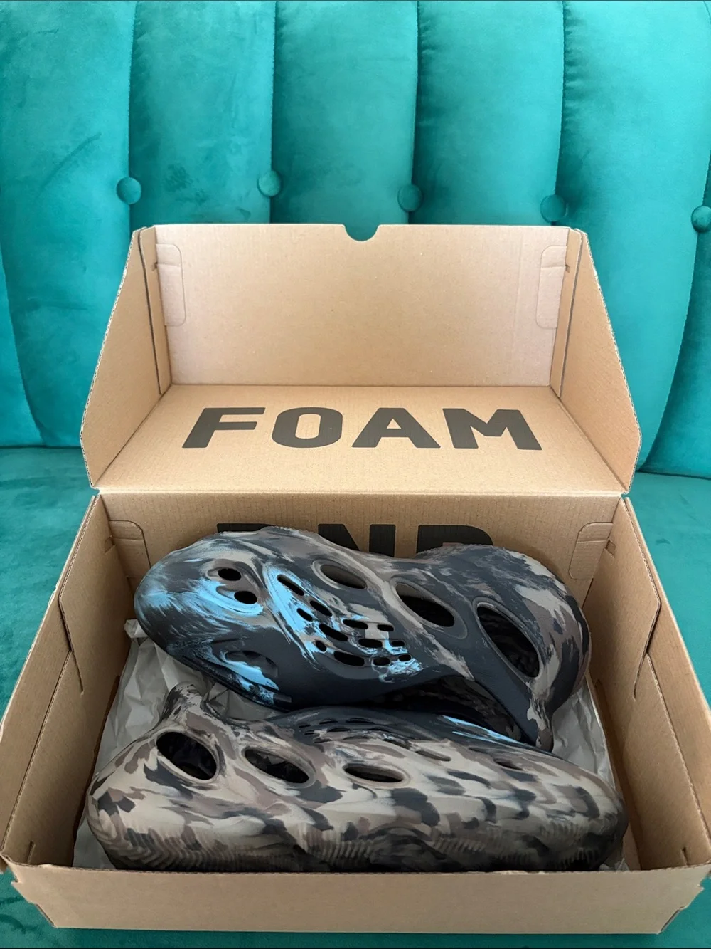 Yeezy Kids Foam Runner in Brown and Blue Camouflage Pattern